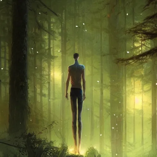 Prompt: concept art by greg rutkowski, a very tall and slender young man, frightened, surrounded by fireflies, in the middle of a forest of giant trees, detailed portraits, disturbing atmosphere, uncanny green lighting, scifi, digital painting, artstation, concept art, smooth, sharp foccus ilustration, artstation hq