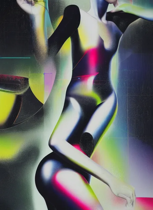 Image similar to futuristic lasers tracing, colorsmoke, fullbodysuit, pyramid hoodvisor, raindrops, wet, oiled, beautiful cyborg girl, by steven meisel, kaws, rolf armstrong, mondrian, kandinsky, perfect geometry abstract acrylic, octane hyperrealism photorealistic airbrush collage painting, monochrome, fluorescent colors, minimalist rule of thirds, eighties eros