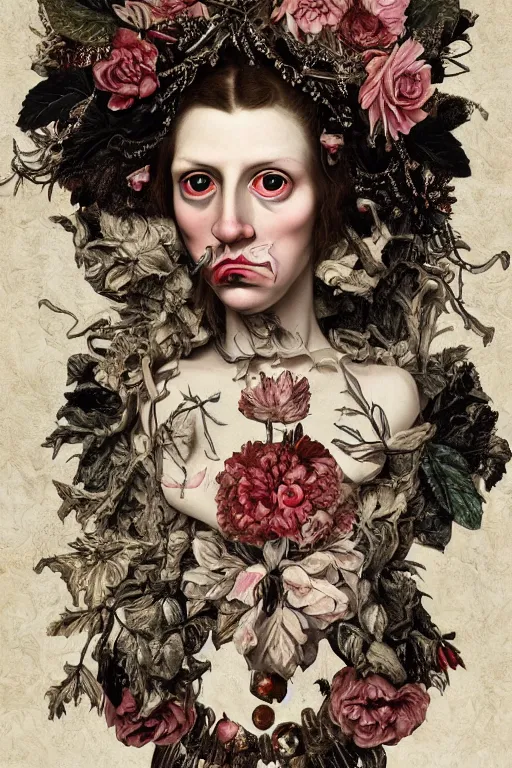 Prompt: Detailed maximalist portrait with large lips and with large white eyes, angry, exasperated expression, extra fleshy hands, high fashion, botanical bones, HD mixed media, 3D collage, highly detailed and intricate, surreal illustration in the style of Caravaggio, dark art, baroque