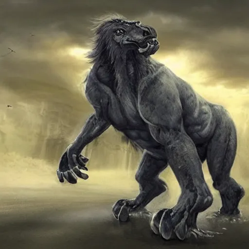Image similar to stunning concept art of a giant animal with 4 arms, it is the first of its kind. stunning masterpiece