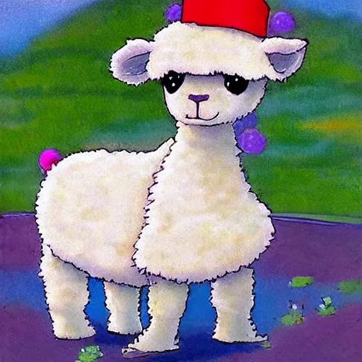 Image similar to cute alpaca wearing a tuxedo by Hayao Miyazaki, beautiful, colorful