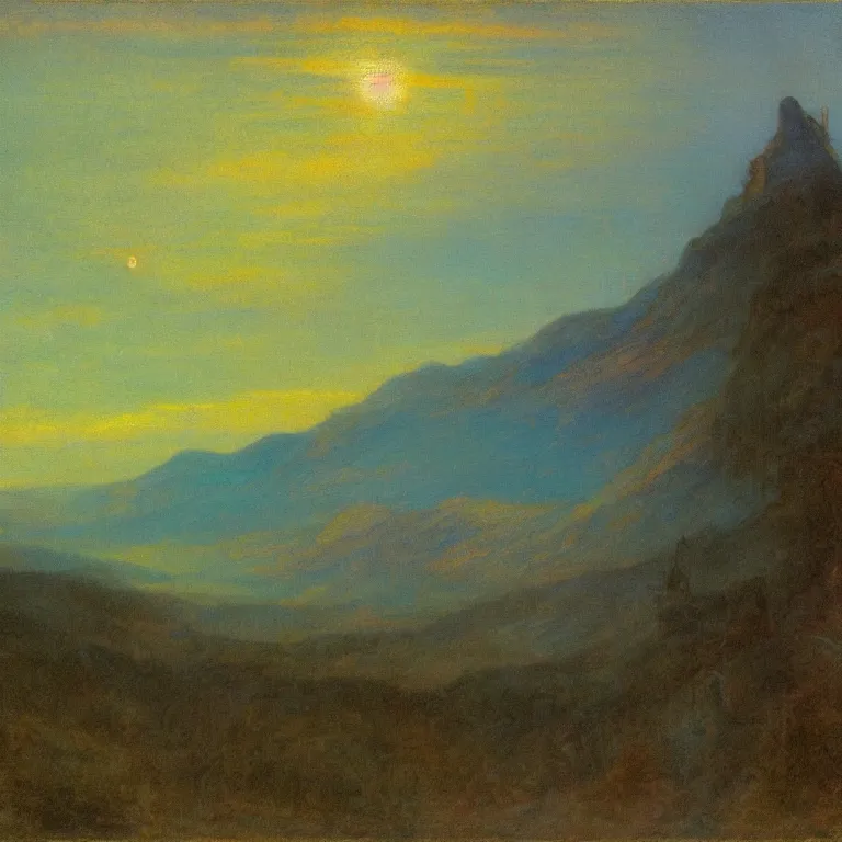 Prompt: zarathustra look up at the magic mountain, before dawn, oil painting, abbott handerson thayer, blue palette