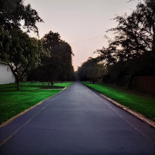 Prompt: Beautiful cameraphone, soft liminal Photograph of a residential road at early morning, lawn, bushes