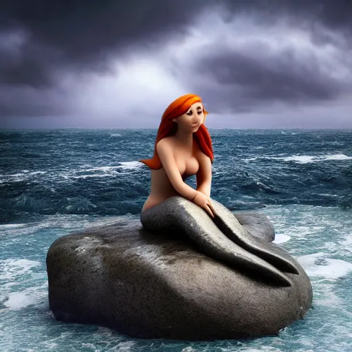Image similar to a beautiful little mermaid sitting on a rock in the middle of a stormy ocean, watching the seagulls flying above her, a viking ship is sailing in the distance, fantasy painting, hyperrealistic, hyperdetailed, depth of field, High definition, 8k, octane render, artstation