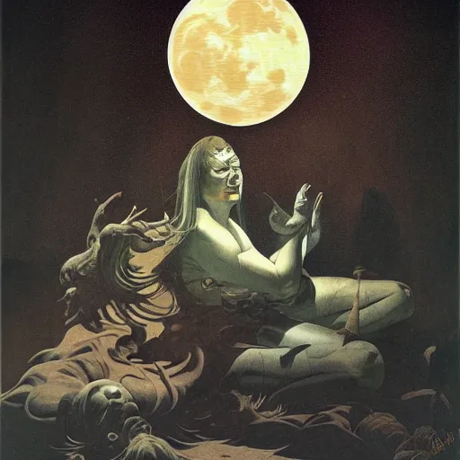 Prompt: sleep of wise old beautiful woman Desert Deity under unresolved evil moon illusion, in the style of Frank Frazetta, Jeff Easley, Caravaggio, extremely clear and coherent, clear lines, 8K revolution