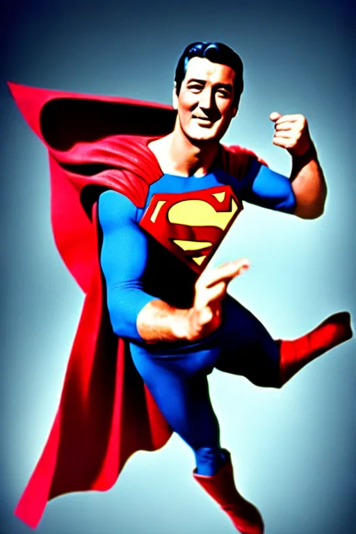 Image similar to rock hudson playing superman in, superhero, dynamic, 3 5 mm lens, heroic, studio lighting, in colour