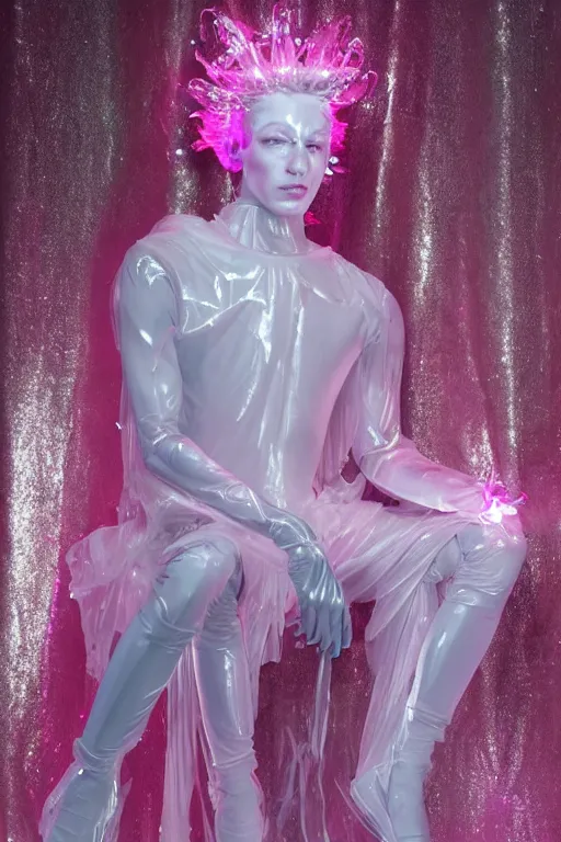 Image similar to full-body rococo and cyberpunk delicate crystalline sculpture of a muscular iridescent slender Spanish male as a humanoid deity wearing a thin see-through ((plastic hooded cloak)) sim roupa, reclining con las piernas abiertas, glowing pink face, crown of white lasers, large diamonds, swirling black silk fabric. futuristic elements. oozing glowing liquid, full-length view. space robots. human skulls. throne made of bones, intricate artwork by caravaggio. Trending on artstation, octane render, cinematic lighting from the right, hyper realism, octane render, 8k, depth of field, 3D