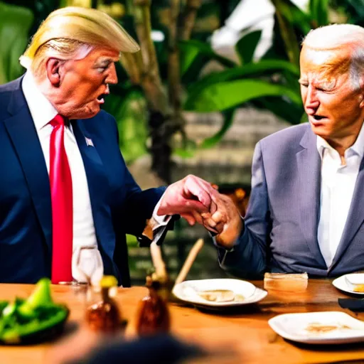 Image similar to Trump and Biden having dinner at a fancy Balinese restaurant, award winning photography, 85mm, perfect faces