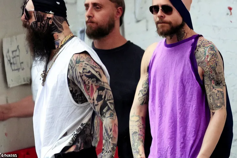 Image similar to jared leto as a white gang member wearing a purple head covering made from a polyester or nylon material and a stained white tank top caught dealing drugs inside a detroit gang trap house, arms covered in gang tattoo, paparazzi, leaked footage, uncomfortable, bad quality