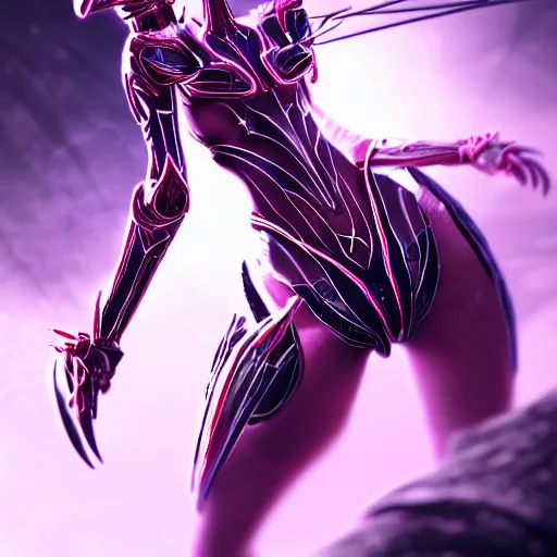 Image similar to highly detailed exquisite fanart, ant pov from the floor looking up, of a beautiful female warframe, standing elegantly, shining reflective off-white plated armor, slick elegant design, bright Fuchsia skin, sharp claws, close full body shot, epic cinematic shot, realistic, professional digital art, high end digital art, DeviantArt, artstation, Furaffinity, 8k HD render, epic lighting, depth of field