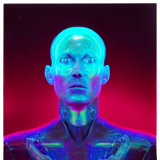 Image similar to a portrait of a beautiful psycho king in a holographic room, photographed by erwing olaf