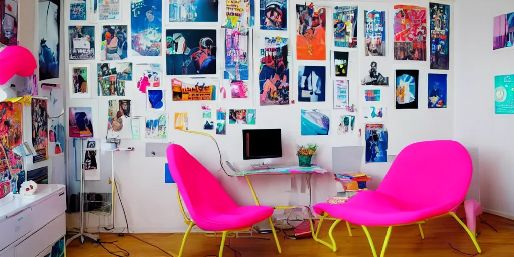 Prompt: a teens room in the 90s with inflatable neon chairs and posters on the walls, an old CRT in one corner