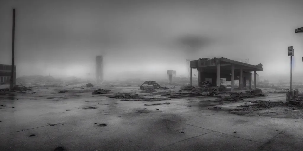 Prompt: a melancholic post-apocalyptic ruins of a gas station, destroyed by nuclear war, mutants creatures swarming, atmosphere of silent hill, 8k, cinematic lighting, hd wallpaper, fog, Todd Hido