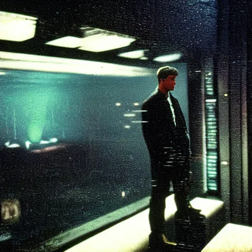 Prompt: 1 9 8 2 film stills of blade runner's deckard on his computer, upscaling a photo. his futuristic room is dark and atmospheric, touches of frank lloyd wright and syd mead,.