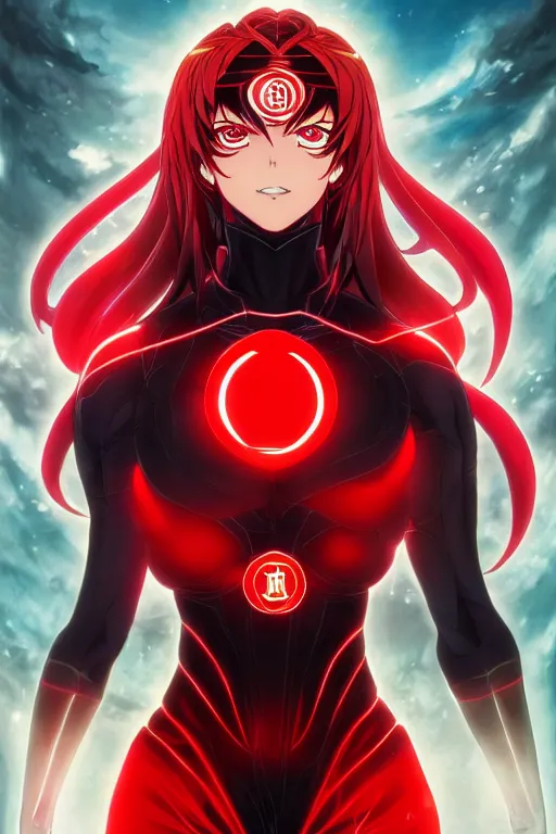 Image similar to anime key visual of a beautiful female red lantern!! intricate, red and black suit, glowing, powers, rage, anger, hate, dc comics, cinematic, stunning, highly detailed, digital painting, artstation, smooth, hard focus, illustration, art by artgerm and greg rutkowski and alphonse mucha