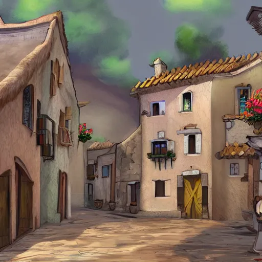 Prompt: A Spanish village. 2D videogame concept art.