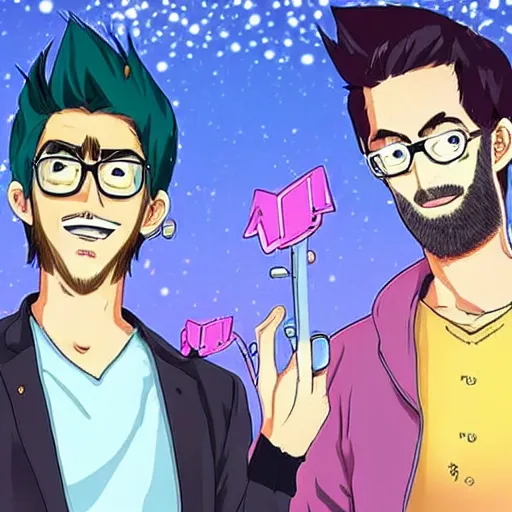 Prompt: “an anime depiction of Rhett and link on good mythical morning.”