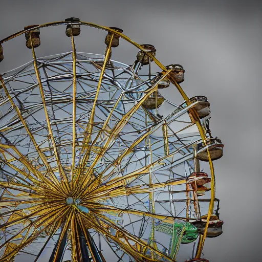 Image similar to an old abandoned rusty ferris wheel, in a town filled with pale yellow mist. Dystopian. Award-winning colored photo. OM system 12–40mm PRO II 40mm, 1/100 sec, f/2 8, ISO 800