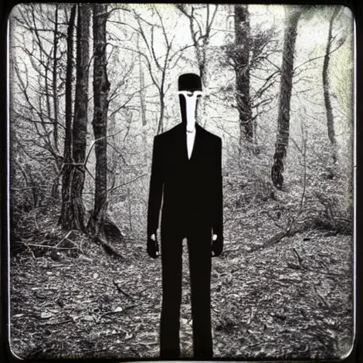 Prompt: Polaroid of slenderman in the woods