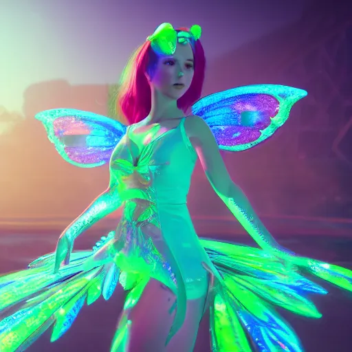 Prompt: neon fluorescent, iridescent beautiful fairies cyperpunk 2 0 7 7, unreal engine 5, 8 k ultra realistic, hyperdetailed, volumetric lighting, extremely high quality