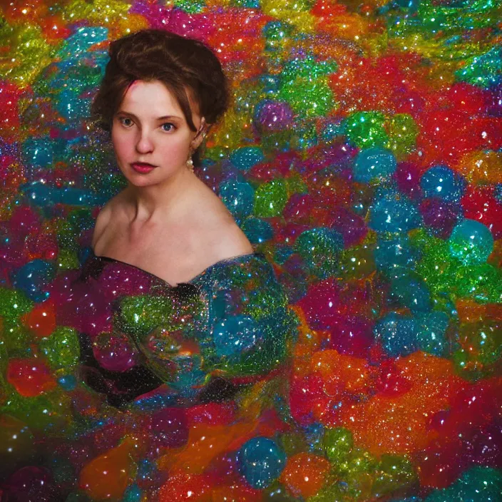 Image similar to a closeup portrait of a woman wrapped in colorful bubble wrap, standing in front of a black forest, color photograph, by vincent desiderio, canon eos c 3 0 0, ƒ 1. 8, 3 5 mm, 8 k, medium - format print