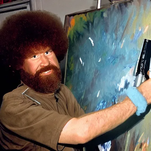 Prompt: bob ross painting a canvas with a paintball gun