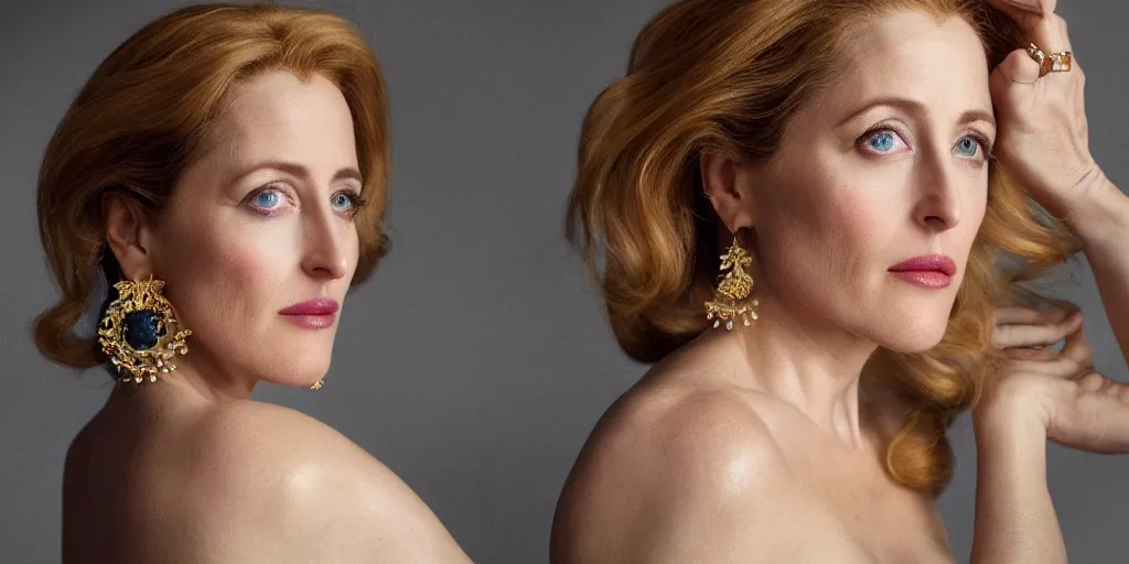 Image similar to gorgeously dreamlike beautiful face Gillian Anderson, hair updo, balayage, natural make-up, luxurious ornate golden jewelry, earrings, low cut dress, dynamic lighting, award winning photo shoot, intricately detailed, glimmering, shining, photo realistic, cinematic, volumetric lighting, fashion portrait, 8K UHD