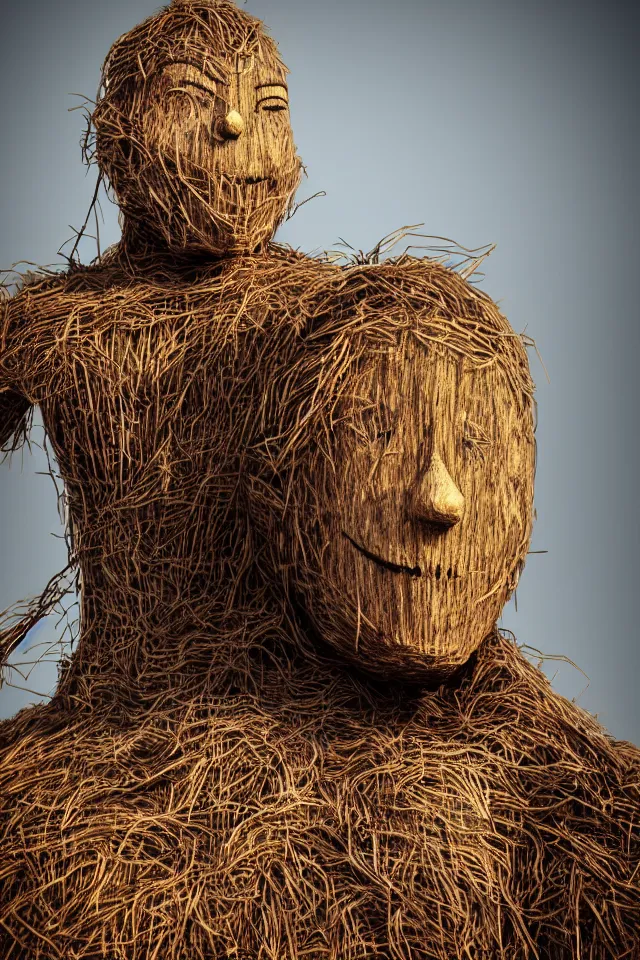 Image similar to beautiful close - up intimate portrait of a big wooden scarecrow, floating particles, sparks, made of wood, octane render, holding a very shiny metallic aluminium rustic axe, bokeh, soft focus, f 1. 8, unreal engine, particles, raytracing
