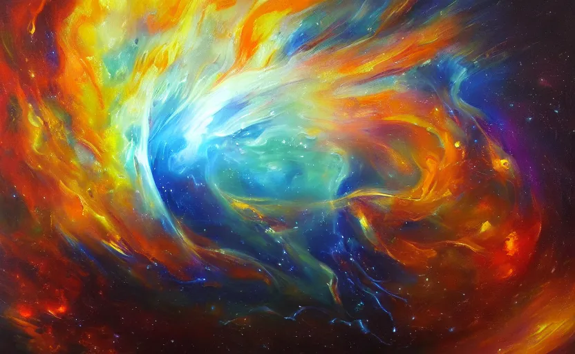Image similar to an abstract oil painting of an unbelievably beautiful space nebula; swirling sheets of light and fire; hyper-detailed; an extraordinary masterpiece!!!; flawless; trending on artstation