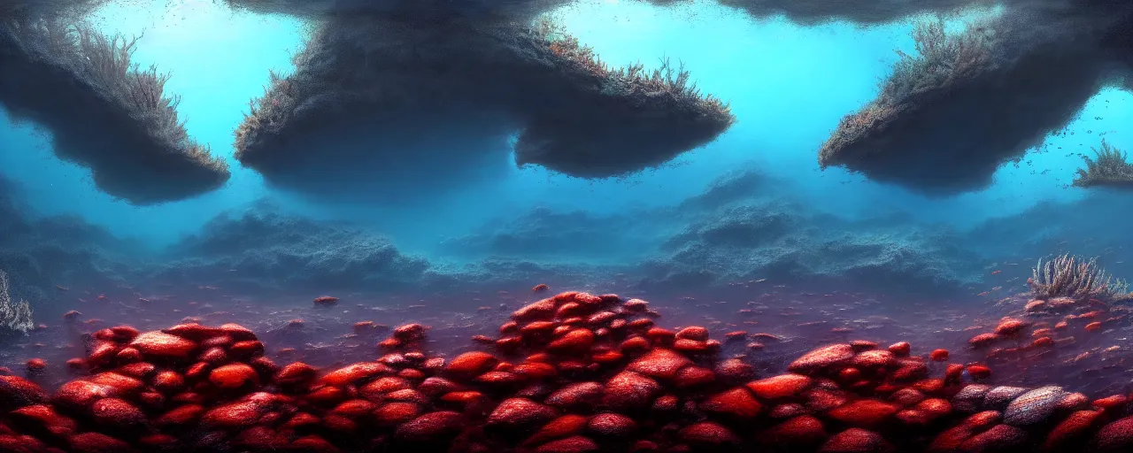 Image similar to A gorgeous detailed oil of a dark red sea covered in big blue steep rocks, a school of piranhas underwater, the further away the mistier it gets, surreal, concept art, dark aesthetic, atmospheric, moody, hyperrealism, highly detailed, masterpiece, award winning, 4k