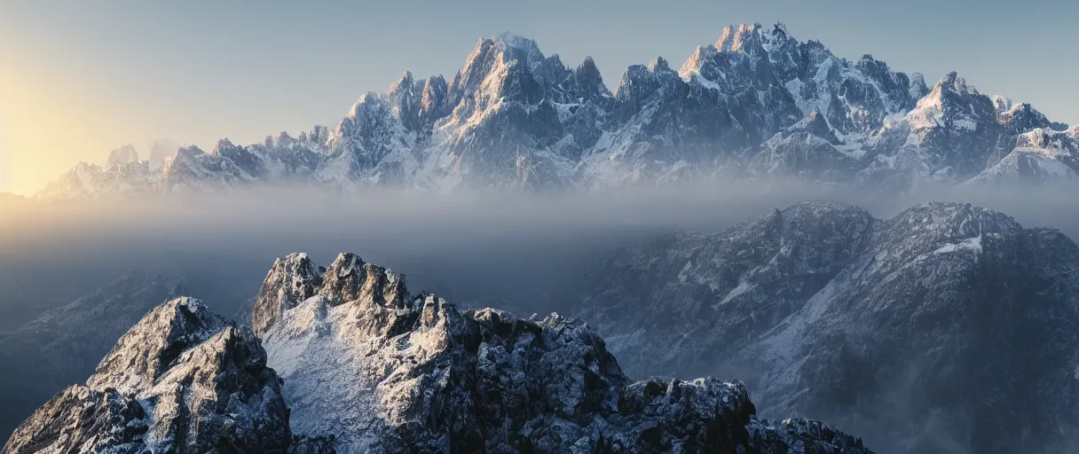 Image similar to a photorealistic breathtaking view of the eastern snow covered alps mountain range at sunrise, cliffs, volumetric light, haze, fog, snow, hyperrealism, rock edge, highly detailed, intricate, cinematic, front facing camera, cinematic, epic lighting, 8 k