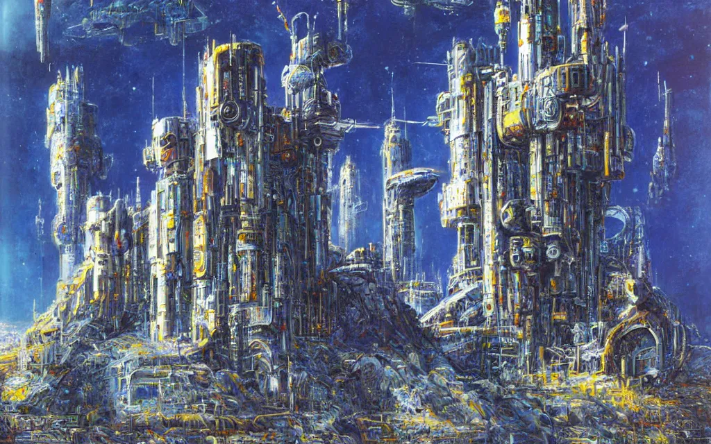 Prompt: futurist cyborg castle, perfect future, award winning art by alan bean, sharp color palette