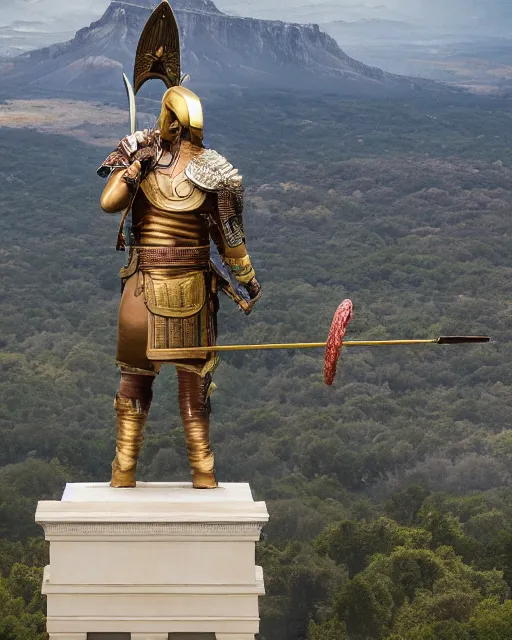 Prompt: a gigantic 1 0 0 0 foot bronze statue of a president donald trump holding his spear and shield, god of war, fantasy landscape, thousands of tiny onlookers, photorealistic, atmospheric