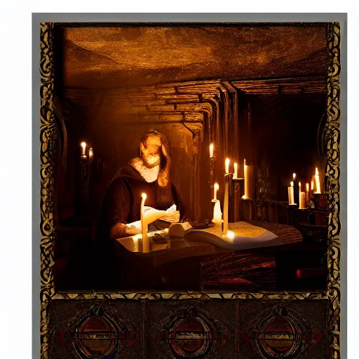 Image similar to kinghts templar in a medieval castle, diffused light candles, mystical