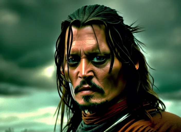 Image similar to filmstill johnny depp as aragorn, 1 0 0 mm lens, canon eos, red cinema camera, frontal view, dynamic pose, intricate, elegant, highly detailed, centered, redshift, octane, smooth, sharp focus, zeiss lens,