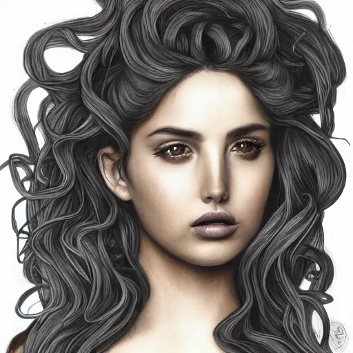 Image similar to ana de armas portrait as medusa from greek mythology, living venomous snakes in place of hair, ink drawing, trending on artstation, by alphonso dunn