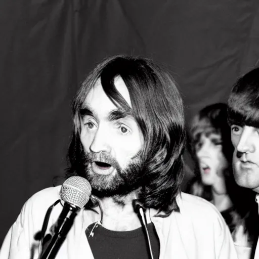 Image similar to charles manson singing with all the beatles, black and white, high quality photography, realistic, detailed, uncropped, realistic face,