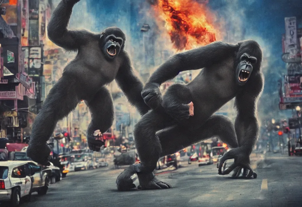 Image similar to An king Kong rage on street, Hollywood scene , cinematic , full color