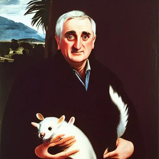 Prompt: Bertie Ahern holding a stoat, painted by Caravaggio