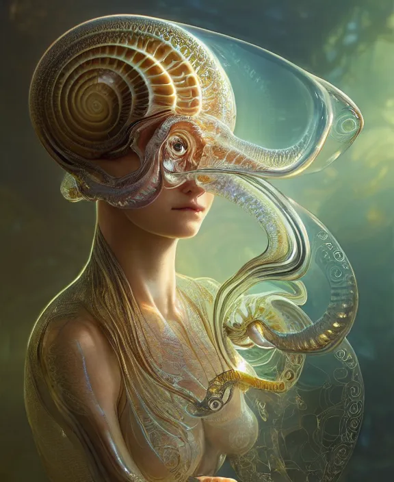 Image similar to intricate ornate opulent transparent clear see - through portrait of a horrific beautiful alien nautilus, mottled coloring, adorable, childlike, pastoral environment, ultra realistic, concept art, art nouveau, photorealistic, octane render, 8 k, unreal engine. art by christopher marley and artgerm and greg rutkowski and alphonse mucha