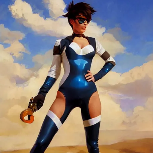 Prompt: greg manchess painting of tracer wearing a latex suit, medium shot, organic painting, sunny day, matte painting, bold shapes, hard edges, street art, trending on artstation, by huang guangjian and gil elvgren and sachin teng