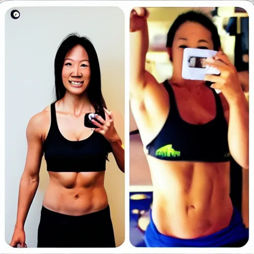 Image similar to Meg Kimura, personal trainer, selfie, photorealistic, trending on instagram