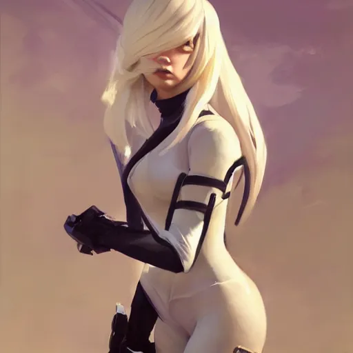 Image similar to greg manchess portrait painting of a 2 yorha type a no. 2 as overwatch character, white long hair, medium shot, asymmetrical, profile picture, organic painting, sunny day, matte painting, bold shapes, hard edges, street art, trending on artstation, by huang guangjian and gil elvgren and sachin teng