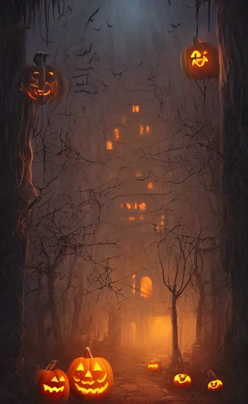 Image similar to a creepy and eery Halloween setting, with Jack o lanterns on the street and shadow figures lurking about, dynamic lighting, photorealistic fantasy concept art, stunning visuals, creative, cinematic, ultra detailed, trending on art station, spooky vibe