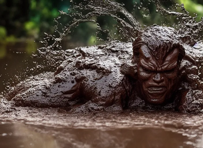 Image similar to photo of schwarzenegger waterbending mud at predator. highly detailed 8 k. intricate. lifelike. soft light. sony a 7 r iv 5 5 mm. cinematic post - processing