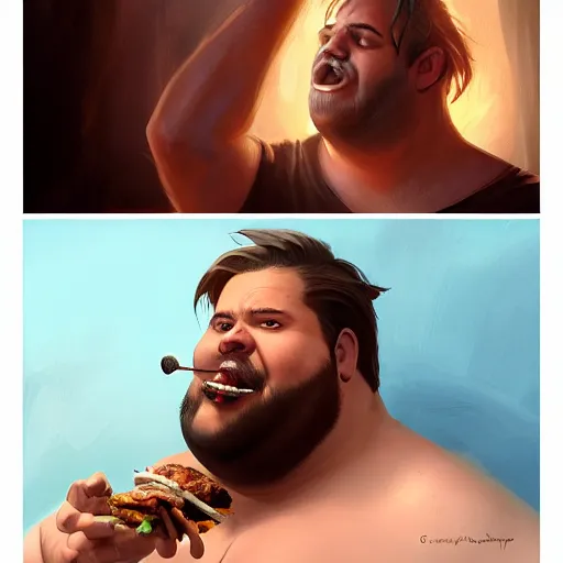 Image similar to portrait of a half fatman half pig eating kebab with long hair tied in a ponytail, light stubble with red shirt ,digital art,photorealistoc,art by greg rutkowski,hyperdetailed,western comic style,comic,comic style,sharp lineart,professional lighting,deviantart,artstation,trevor henderson,rossdtaws,cinematic,dramatic