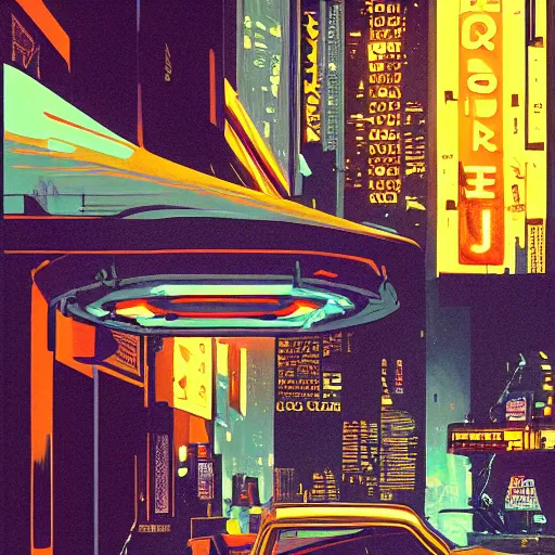 Prompt: detailed painting of a bladerunner neon newyork, old computers on the sidewalk, celestial ephemeral ornaments and greek architecture, artstation, joshua middleton, cinematic
