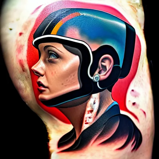 Prompt: a profile photo of a agent with diving helmet with tattoos on arm and neck, side profile in underwater, highly detailed, digital painting, artstation, sharp focus, illustration by Sandra Chevrier