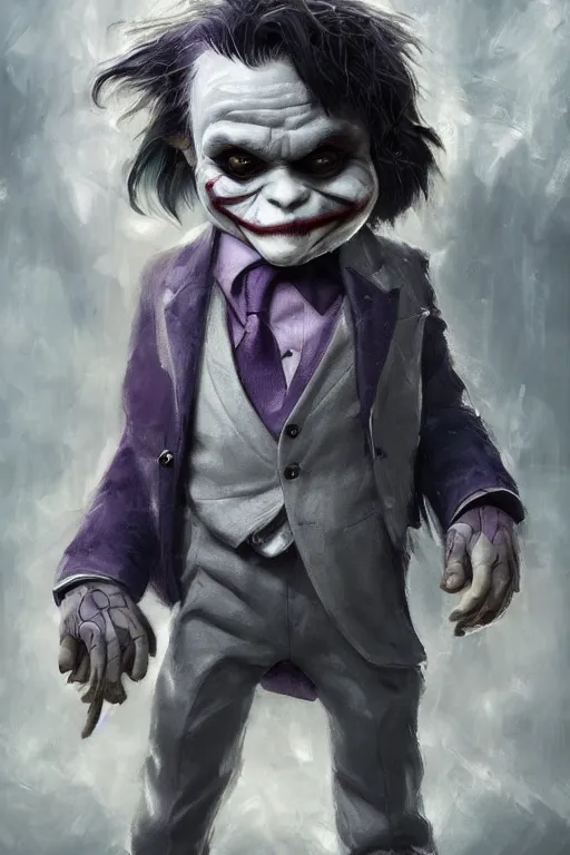 Prompt: portrait of a cute adorable miniature Joker but he's an ape kid in a business suit, realistic and ultra intricate detailed soft painting, symmetrical, volumetric lighting, mist, Artstation, unreal engine, depth of field