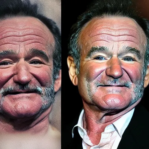 Image similar to robin williams makes the devil laugh, sinister lair, creepy hellscape, the devil os played by bill murray, saturated red skin, horns, photo